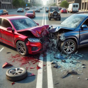 red car and blue car in collision - Collision Repair needed at an auto body shop Hovee's Auto Body and Paint - Canoga Park
